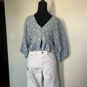Zara Light Blue Chambray Embroidered Blouse